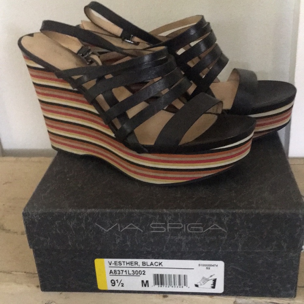 Via Spiga black strappy platform wedge sandals